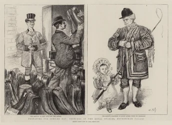 Preparing for Jubilee Day, Sketches at the Royal Stables, Buckingham Palace